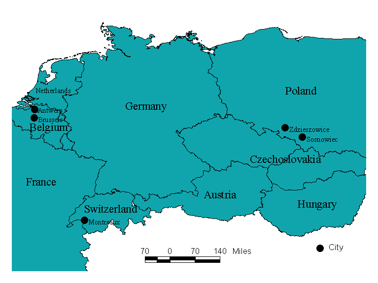 Map Showing Locations in Belgium, Poland, and Switzerland