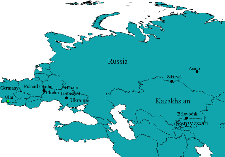 Map showing locations in Poland, Russia, Ukraine, and Kazakhstan