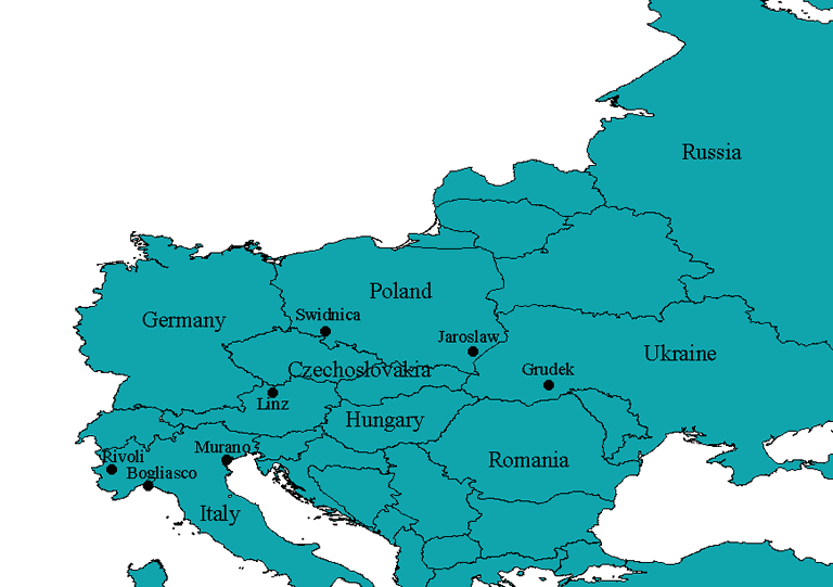 Map with locations in Ukraine, Poland, Austria & Italy