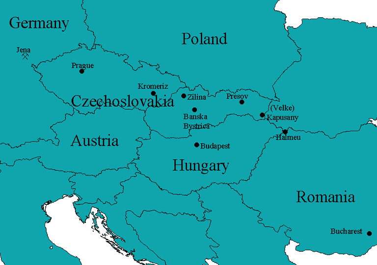 Map showing locations in Romania, Hungary, Czechoslovakia and Germany