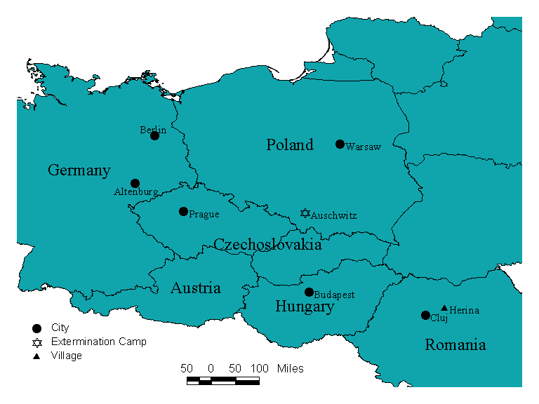 Map showing locations in Germany, Czechoslovakia, Poland, Hungary, and Romania