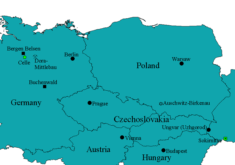 Map showing locations in Germany, Poland, Czechoslovakia, Austria, and Hungary
