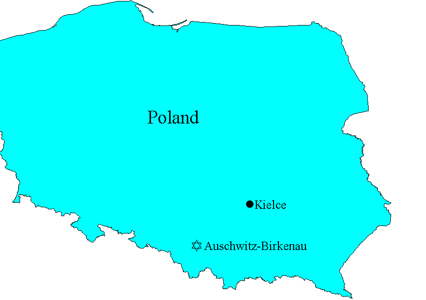 Map showing Kielce and Auschwitz-Birkenau in Poland