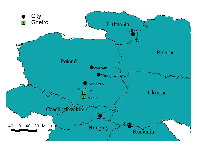 Map showing locations in Lithuania, Poland, Czechoslovakia and Romania 